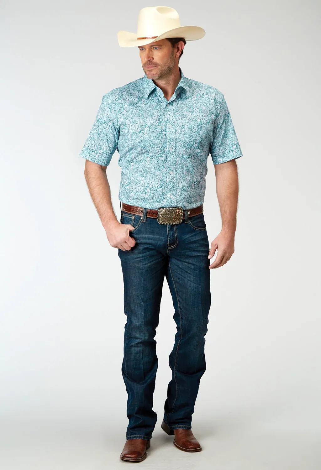 Roper Mens Poplin Paisley Teal Cotton Blend S/S Shirt Simple Fit