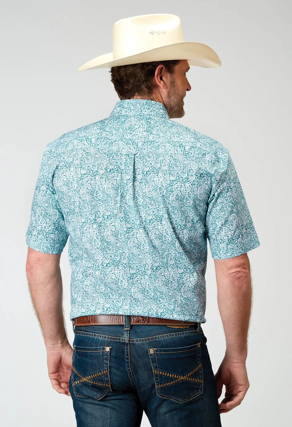 Roper Mens Poplin Paisley Teal Cotton Blend S/S Shirt Sustainable Weave