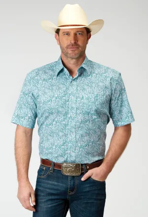 Roper Mens Poplin Paisley Teal Cotton Blend S/S Shirt Simple Comfort Streamlined Design Roper Mens Poplin Paisley Teal Cotton Blend S/S Shirt