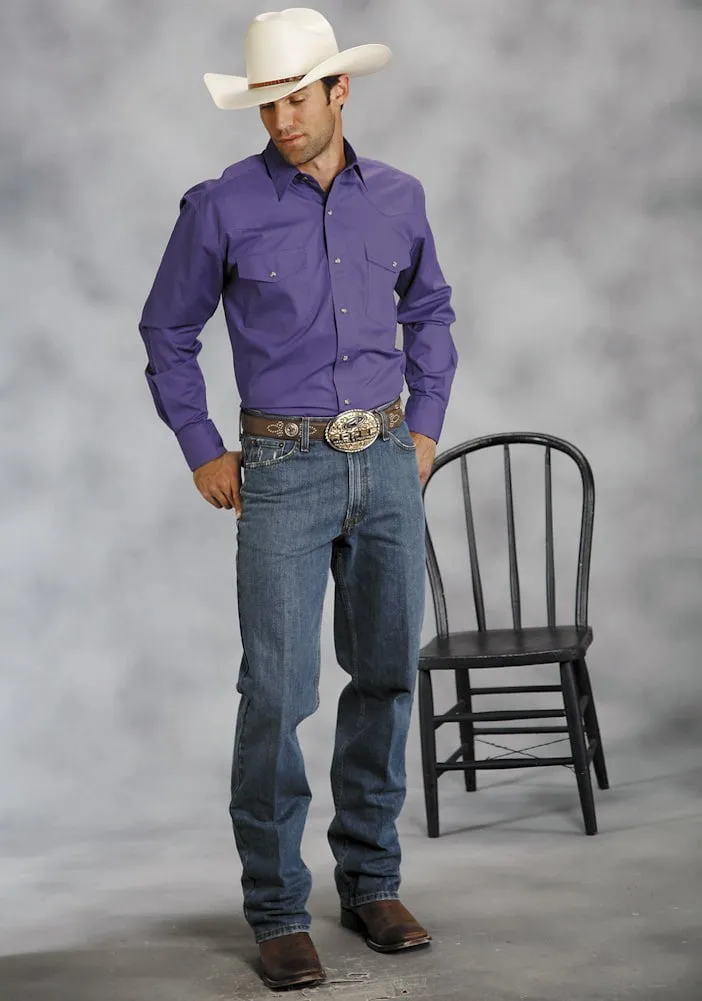 High Street Fashion Preppy Vibe Roper Mens Purple 100% Cotton L/S Snap 1 Pt Back Yoke Poplin Western Shirt