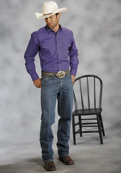 Casual Day Roper Mens Purple 100% Cotton L/S Tall Snap Solid Poplin Western Shirt