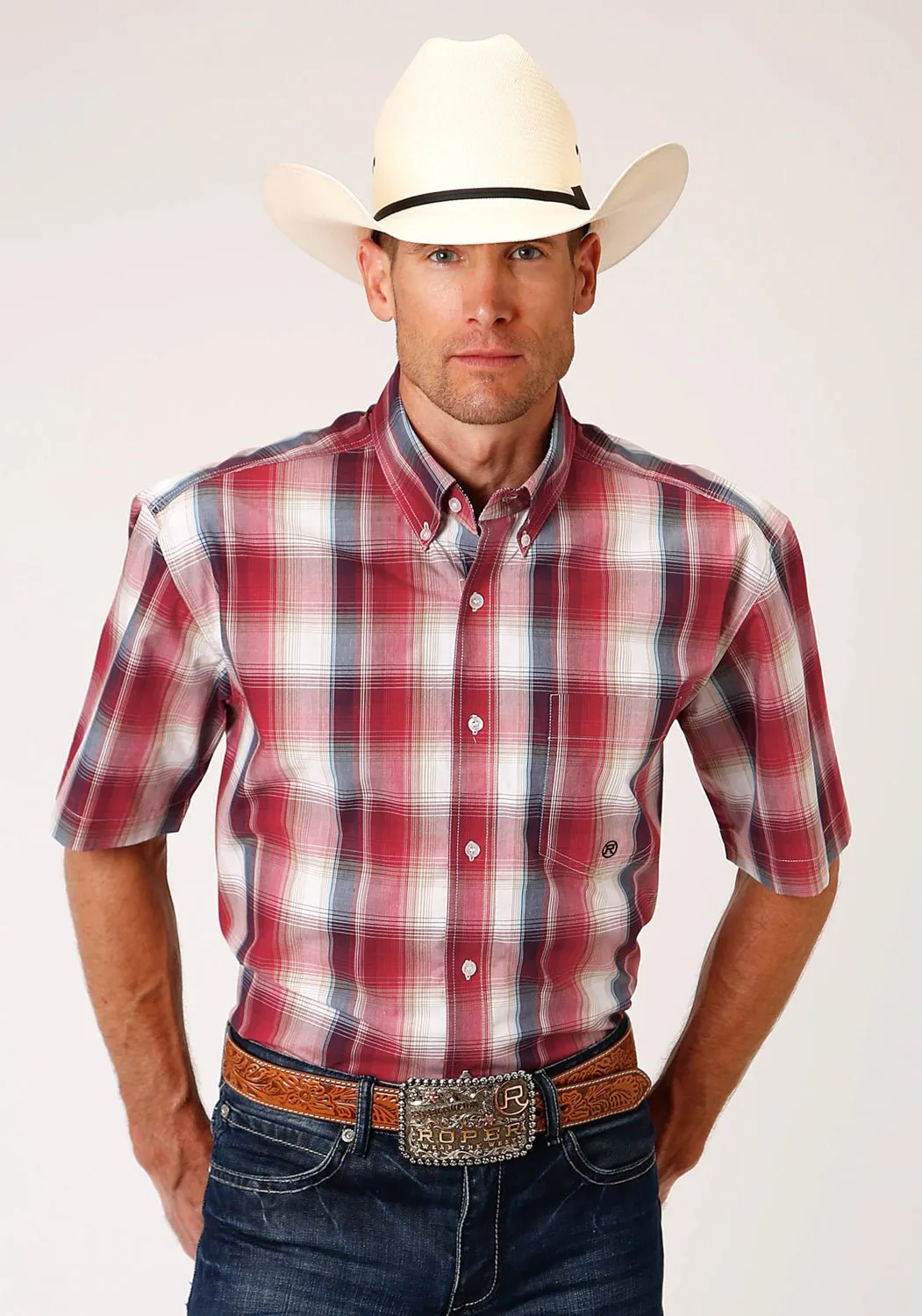 Camouflage Print Roper Mens Red 100% Cotton Apple Plaid BD S/S 1 Pkt Shirt