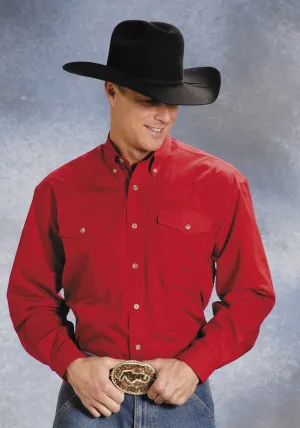 Roper Mens Red 100% Cotton L/S Button Down Solid Poplin Western Shirt Breathable Knit Structure Workwear Casual Anti Pilling Surface Roper Mens Red 100% Cotton L/S Button Down Solid Poplin Western Shirt