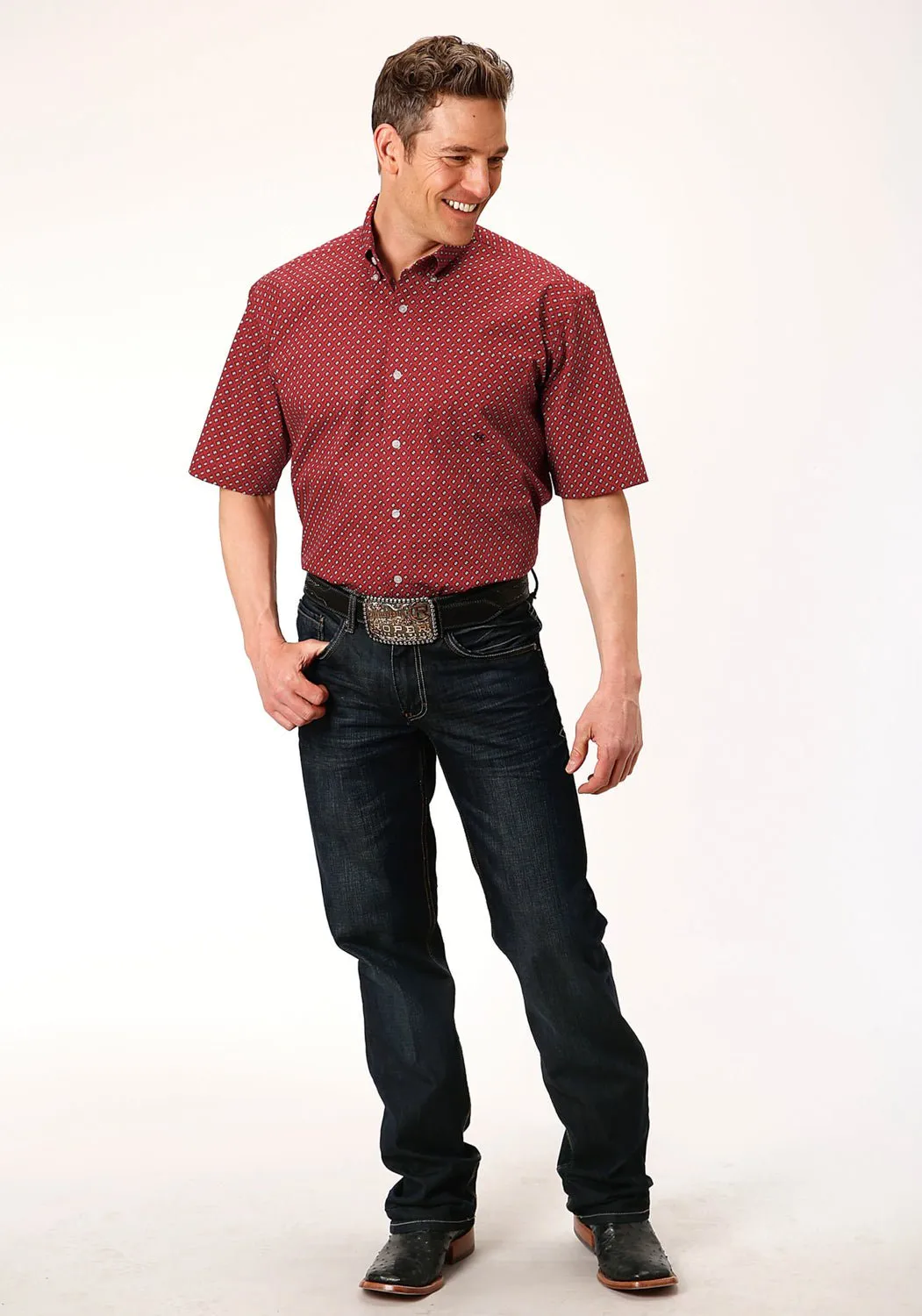 Roper Mens Red 100% Cotton Victorian Foulard BD S/S 1 Pocket Shirt Odor Control Fabric