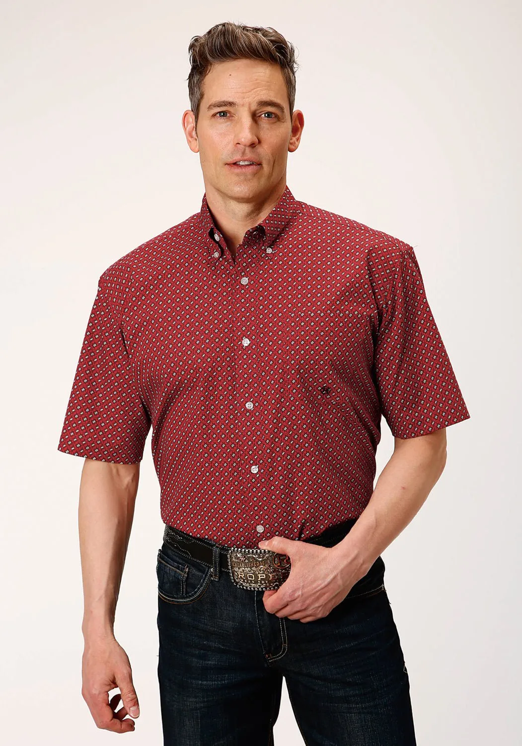 Roper Mens Red 100% Cotton Victorian Foulard BD S/S 1 Pocket Shirt Exclusive Collection Flexible Placket Structure
