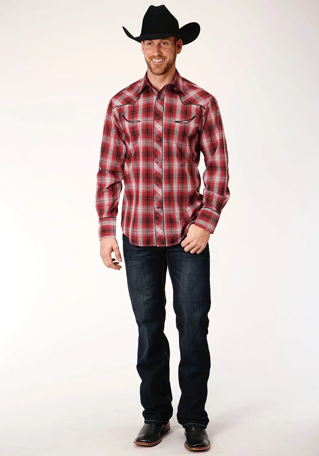 Roper Mens Red/White Cotton Blend Piped Yoke L/S Shirt Anti Pilling Finish Textured Finish