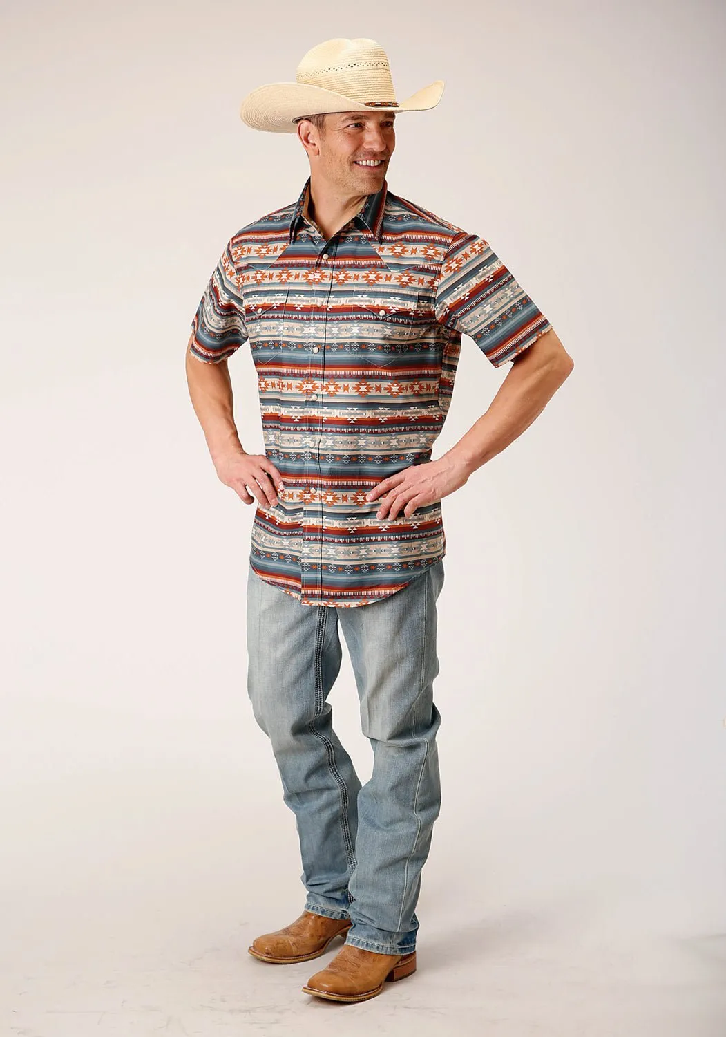 Reinforced Buttonholes Corporate Wear Roper Mens Sandstone Aztec Grey 100% Cotton S/S Shirt