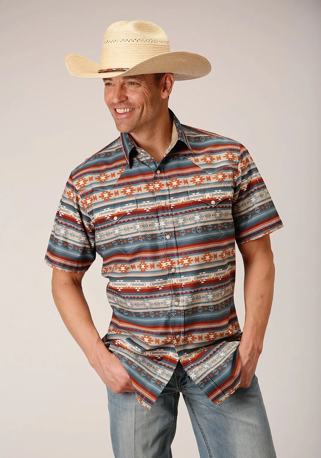 Bold Graphics Seasonal Collection Roper Mens Sandstone Aztec Grey 100% Cotton S/S Shirt