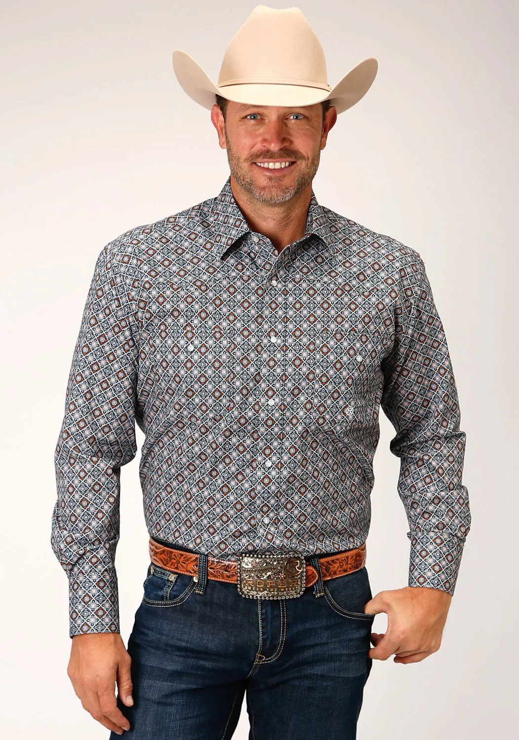 Stylish Appearance Stylish Detail Roper Mens Silver Foulard Grey 100% Cotton Tall L/S Shirt