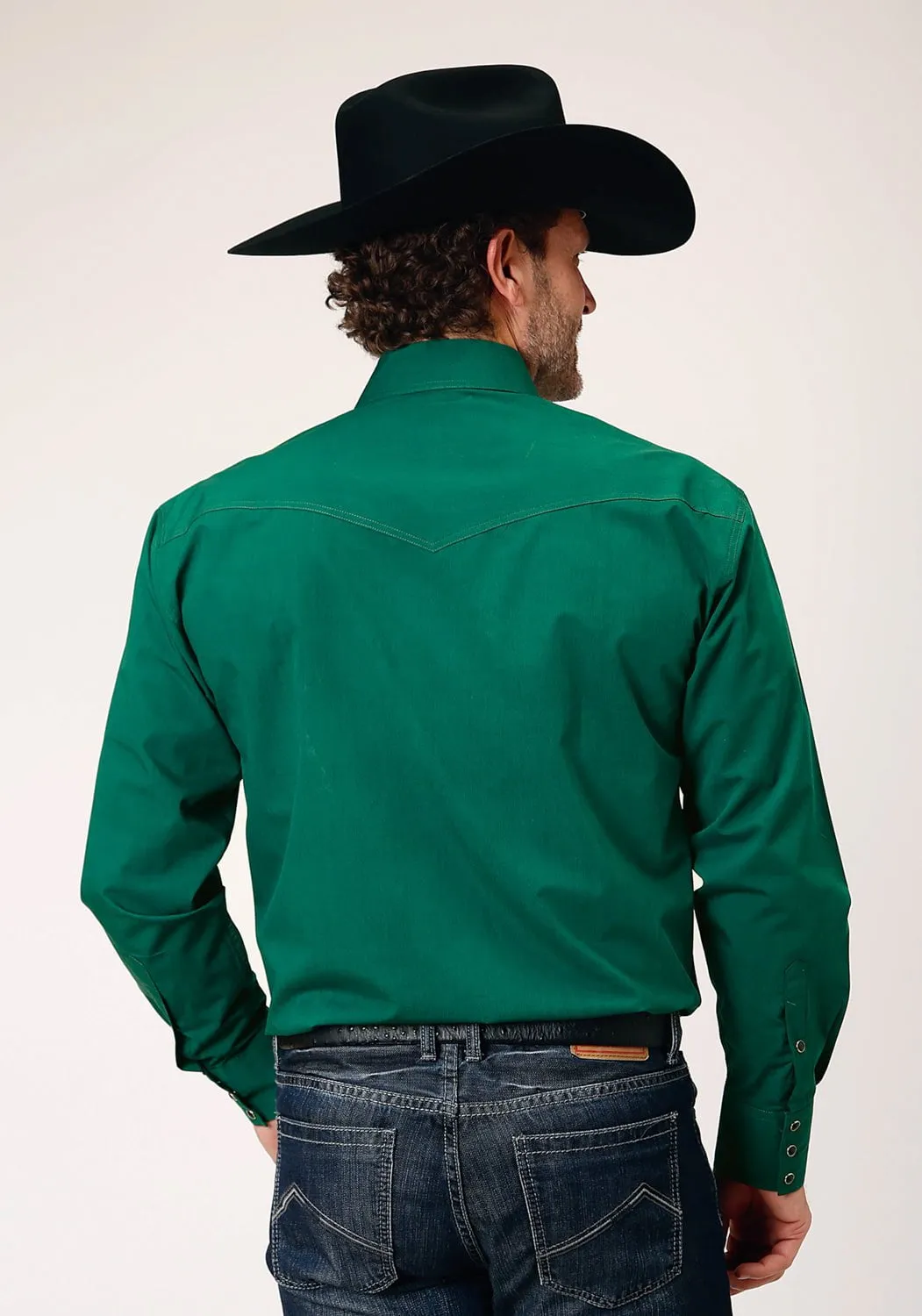 Tailored Fit Festive Look Roper Mens Solid Black Fill Green 100% Cotton L/S Shirt