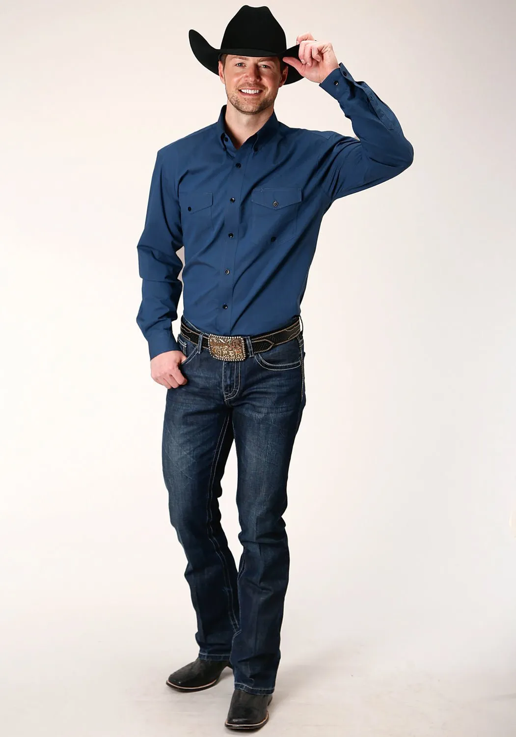 Premium Quality Sleepwear Roper Mens Solid Blue 100% Cotton Black Fill BD L/S Btn Shirt
