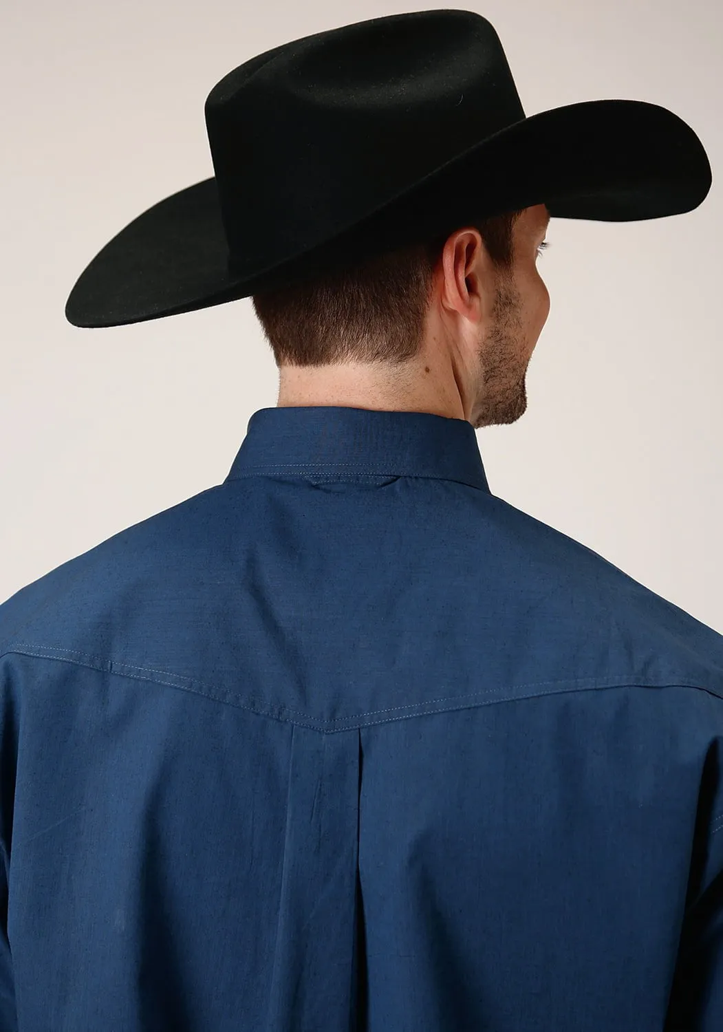 Roper Mens Solid Blue 100% Cotton Black Fill BD L/S Btn Shirt High Neck