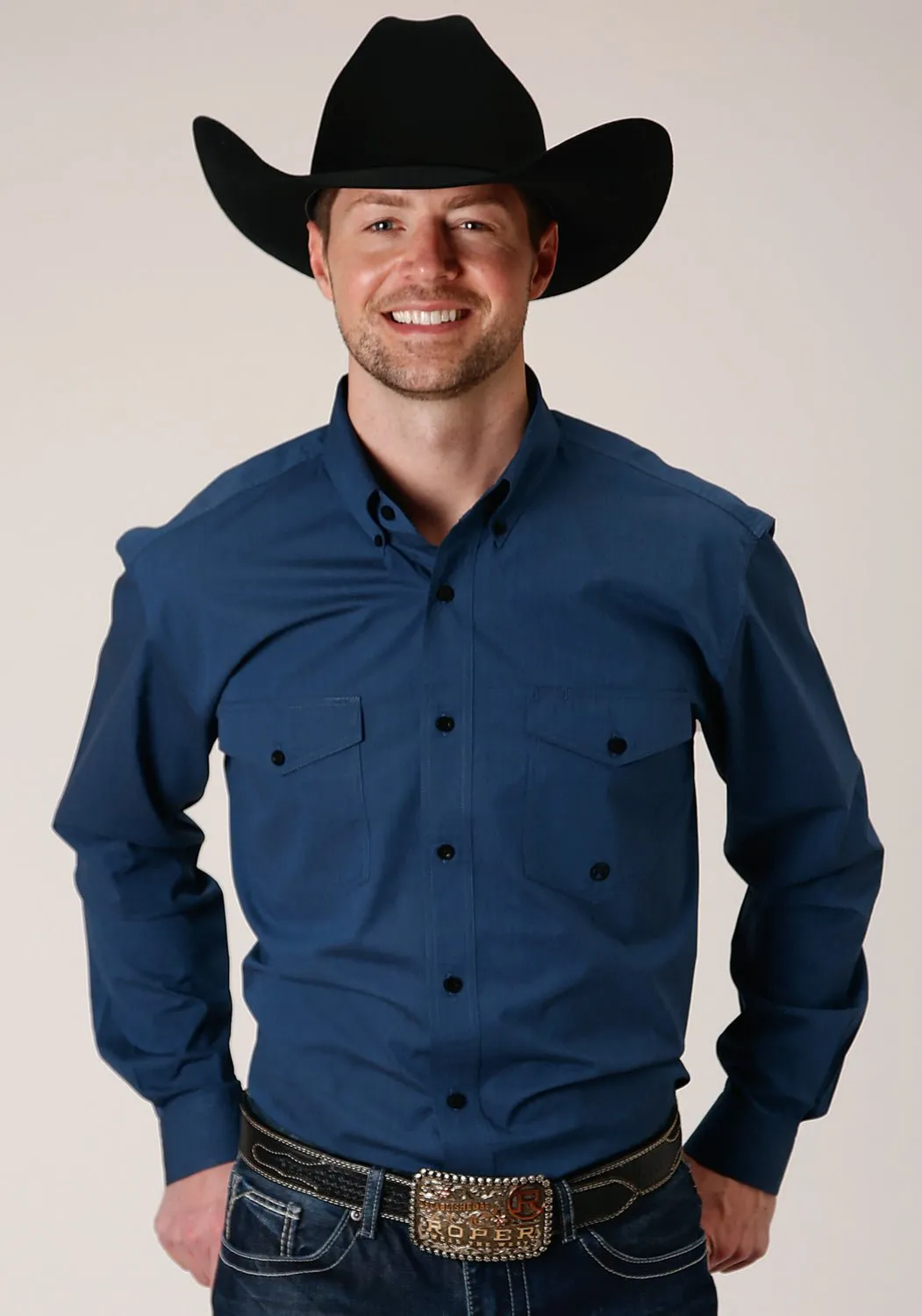 Travel Friendly Wrinkle-Resistant Roper Mens Solid Blue 100% Cotton Black Fill BD L/S Btn Shirt