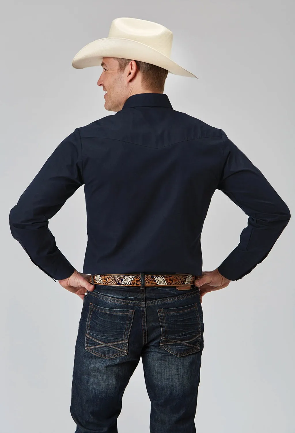 Comfortable Wear Roper Mens Solid Broadcloth Deep Navy Cotton Blend L/S Shirt