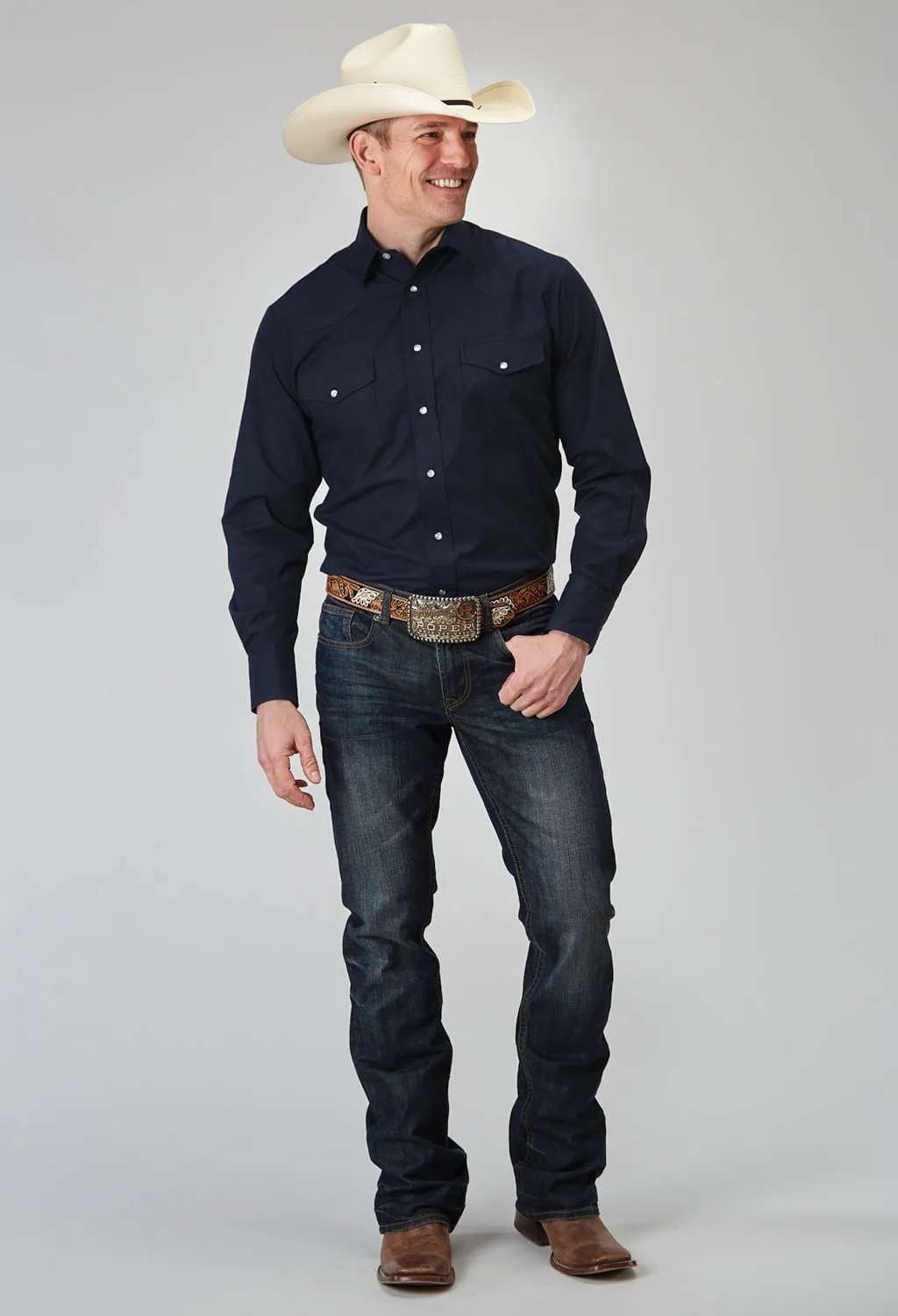 Workwear Ready Quick Release Cuffs Roper Mens Solid Broadcloth Deep Navy Cotton Blend L/S Shirt