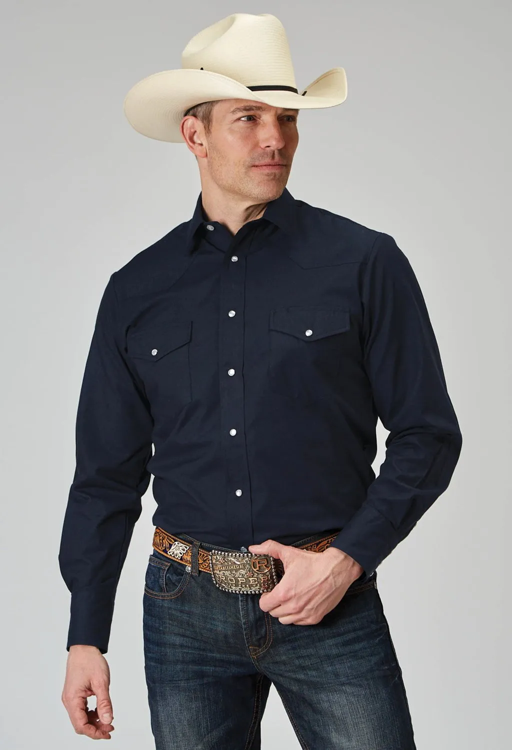 Roper Mens Solid Broadcloth Deep Navy Cotton Blend L/S Shirt Vibrant Colors Simple Style