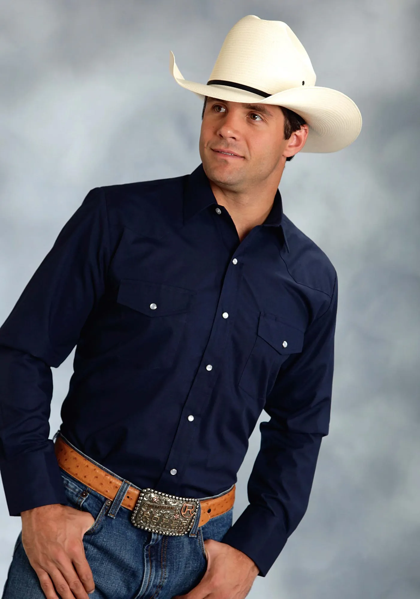 Roper Mens Solid Broadcloth Navy Cotton Blend L/S Shirt Casual Option Casual Design
