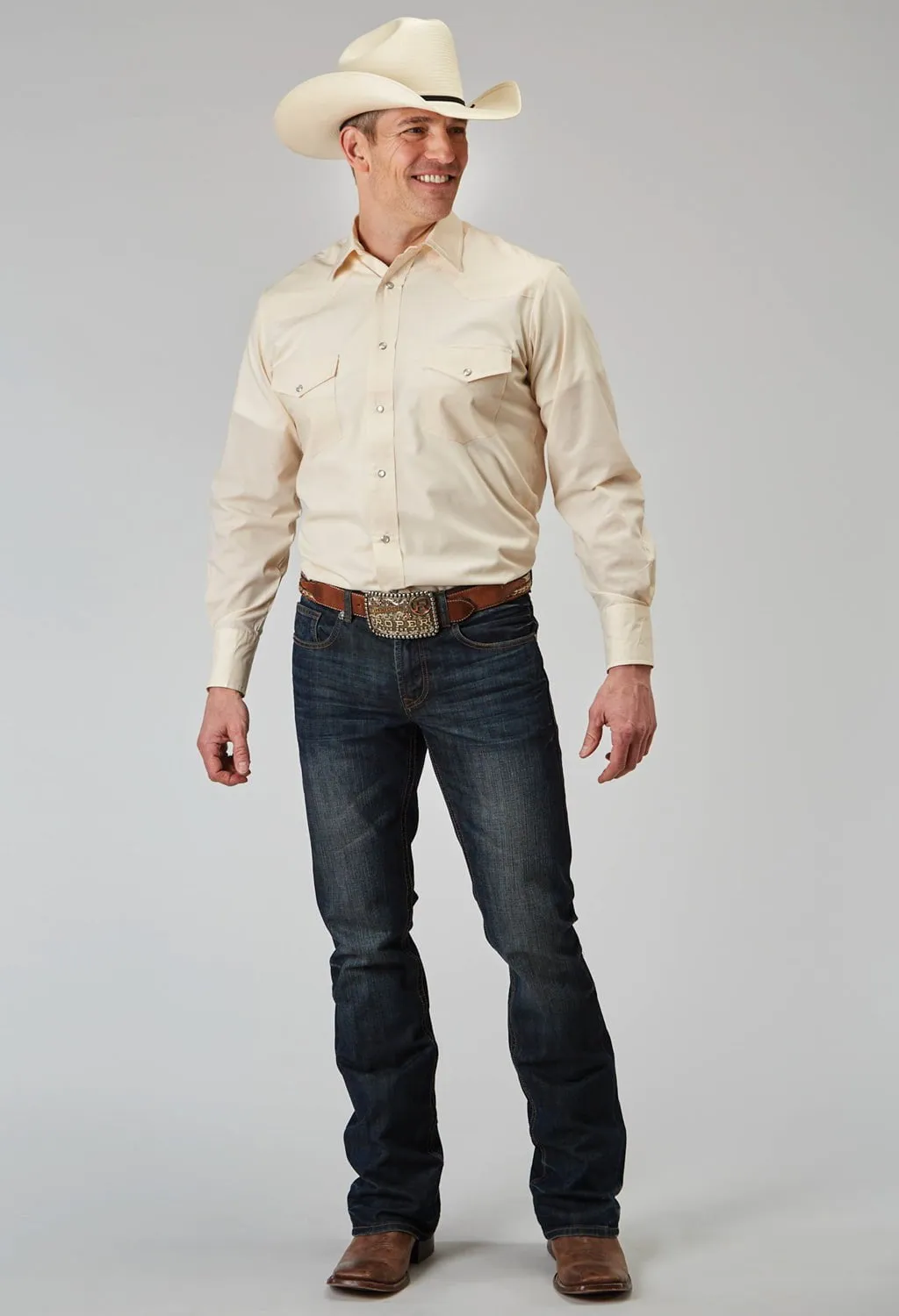 Fashionable Comfort Trend-Driven Roper Mens Solid Broadcloth Warm Ecru Cotton Blend L/S Shirt