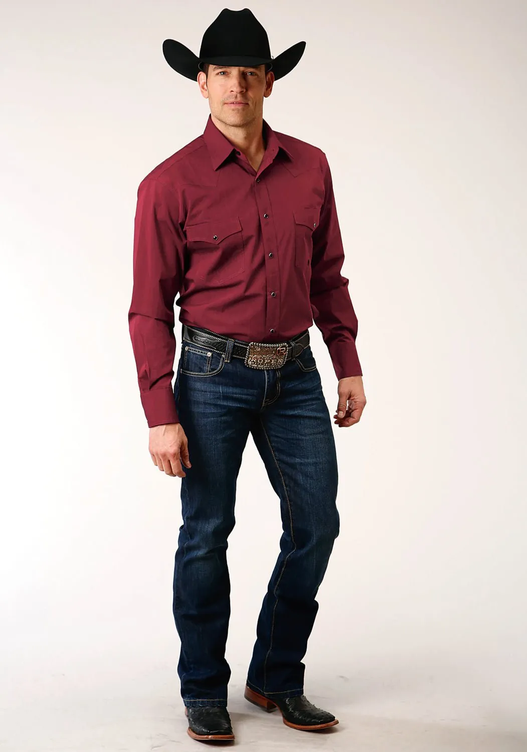 Roper Mens Solid Red 100% Cotton Black Fill L/S Shirt Workwear Style Reinforced Collar