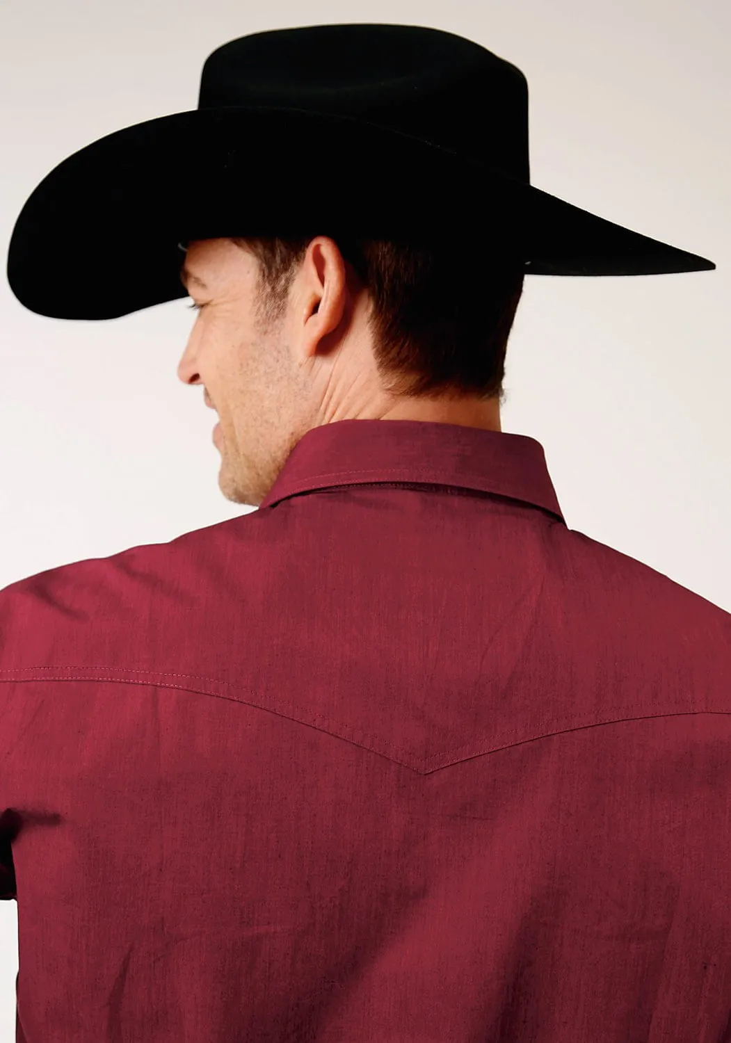 Double Needle Hemming Checkered Print Roper Mens Solid Red 100% Cotton Black Fill L/S Shirt