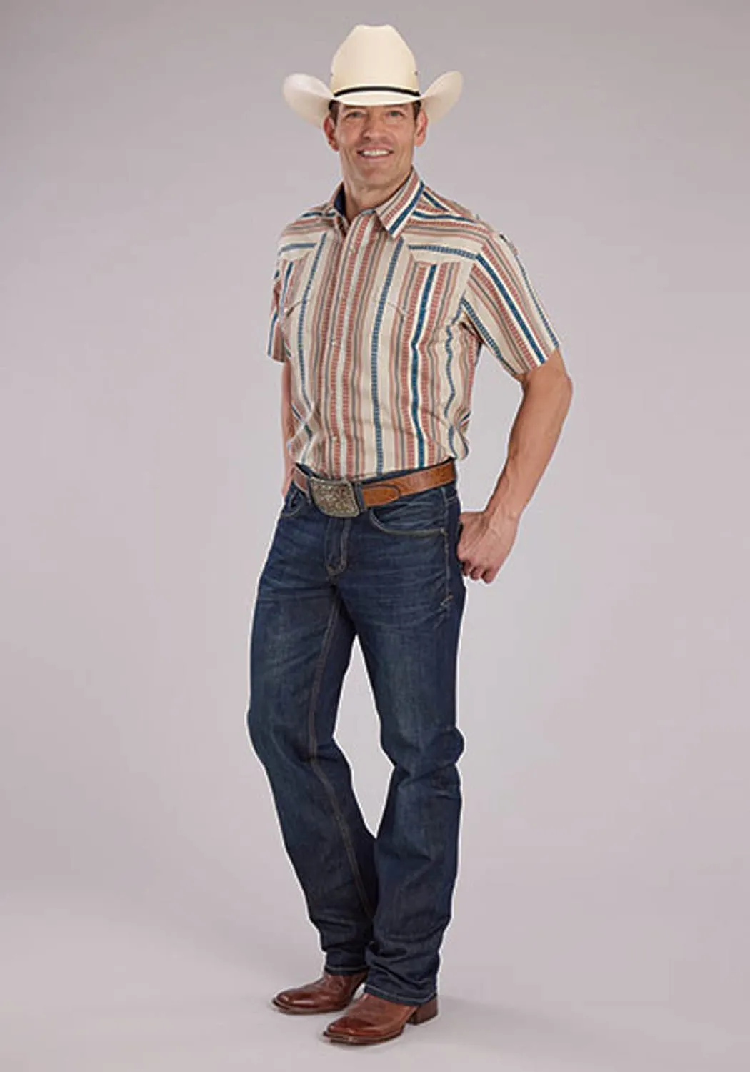 Roper Mens Southwest Vertical Stripe Tan 100% Cotton S/S Shirt Morning Comfort Breathable back panel