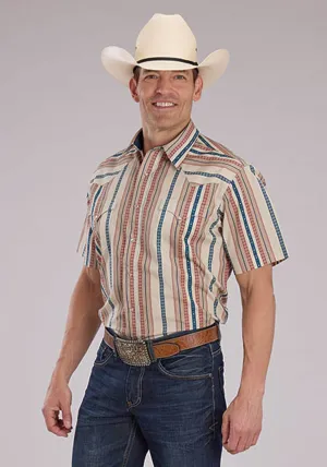 Roper Mens Southwest Vertical Stripe Tan 100% Cotton S/S Shirt All-Weather Travel-friendly Roper Mens Southwest Vertical Stripe Tan 100% Cotton S/S Shirt