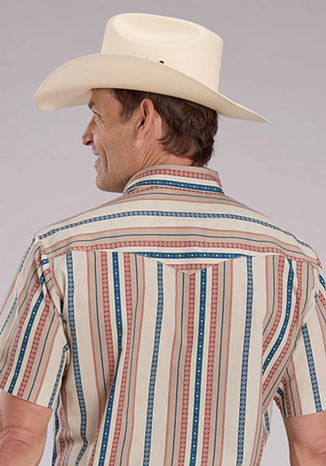 Anti Pilling Finish Roper Mens Southwest Vertical Stripe Tan 100% Cotton S/S Shirt
