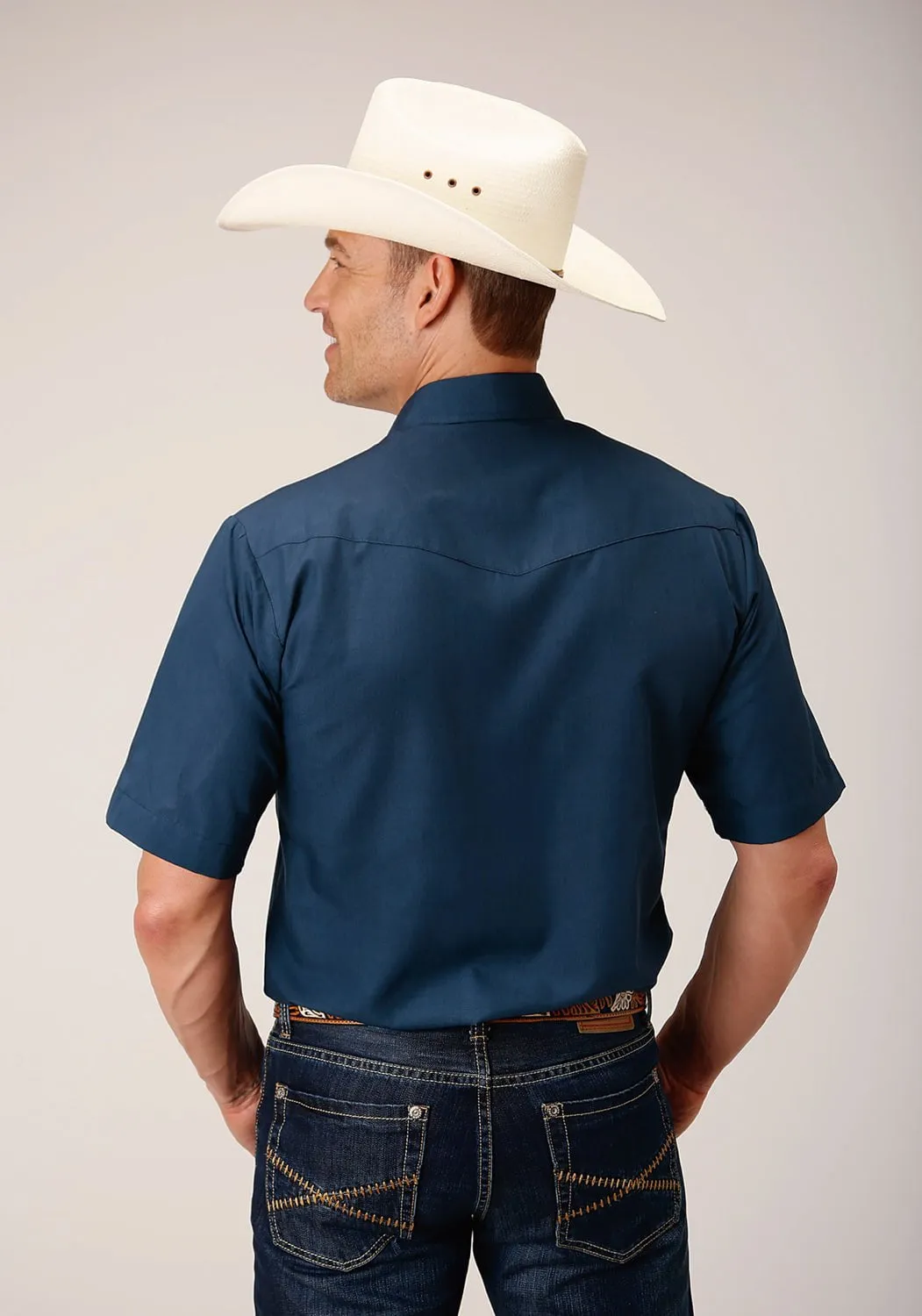 Roper Mens Summer Broadcloth Blue Cotton Blend S/S Shirt Social Meetup sporty wear