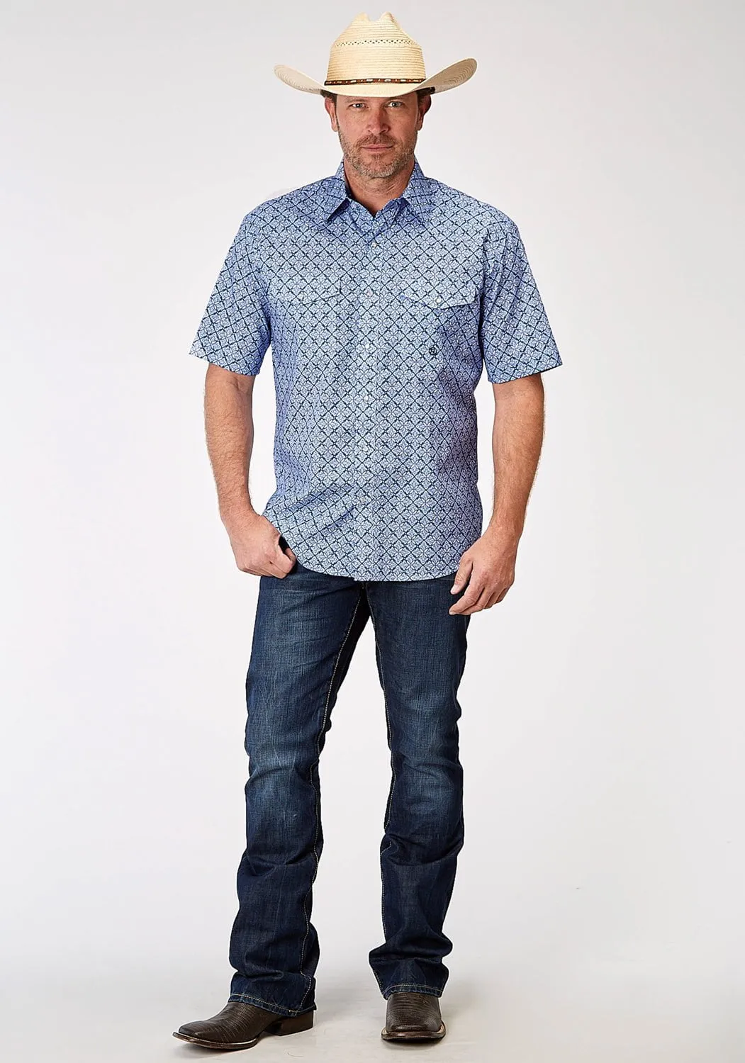 Cool Comfort Roper Mens Tall Skies Tie Blue 100% Cotton S/S Shirt
