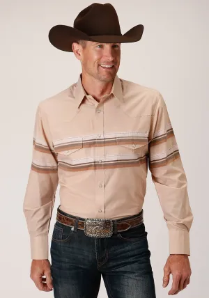 Roper Mens Tan/Brown Cotton Blend Border Stripe L/S Shirt No Fade Print Roper Mens Tan/Brown Cotton Blend Border Stripe L/S Shirt Seasonal Comfort