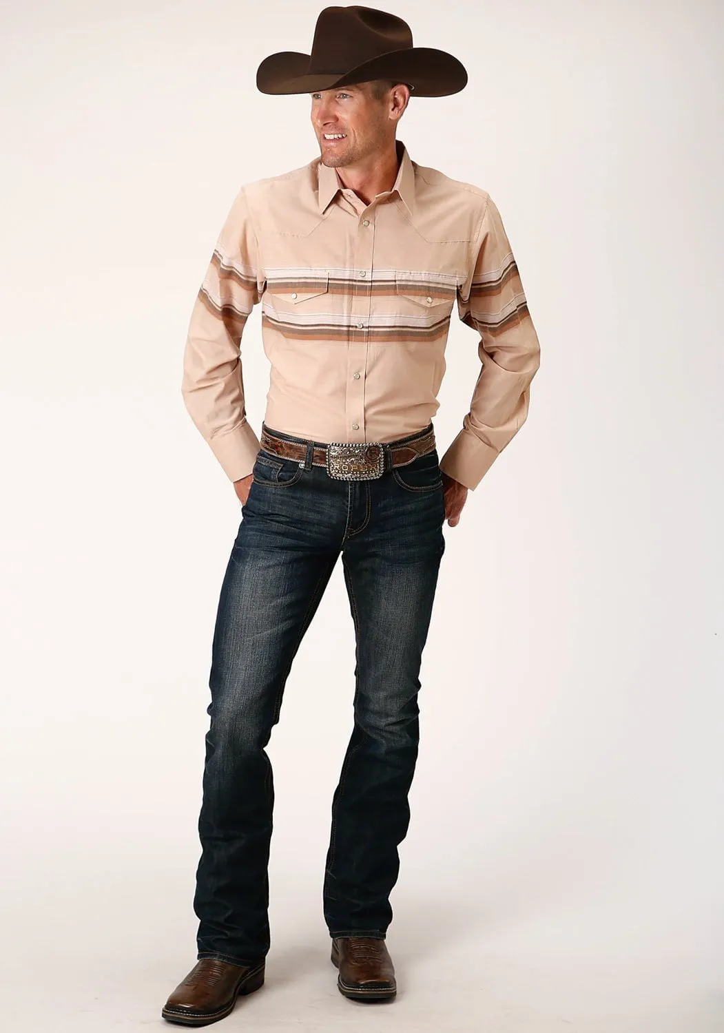 Roper Mens Tan/Brown Cotton Blend Border Stripe L/S Shirt Brushed Inner Lining Loose Comfort
