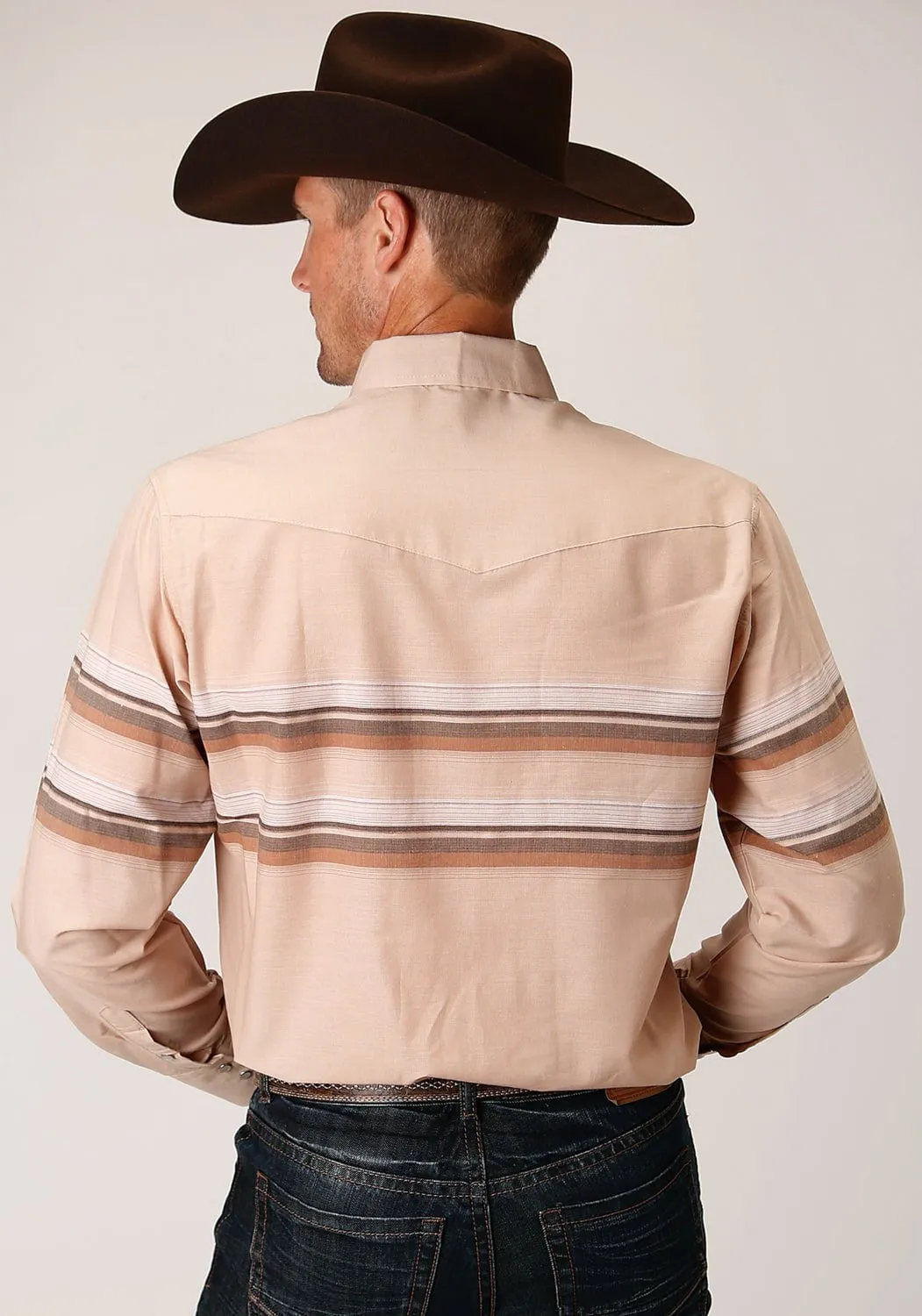 Modern Look Waffle Weave Roper Mens Tan/Brown Cotton Blend Border Stripe L/S Shirt