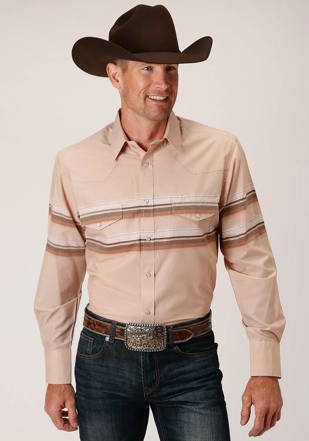 Roper Mens Tan/Brown Cotton Blend Border Stripe L/S Shirt Comfort Wear Comfy Wear