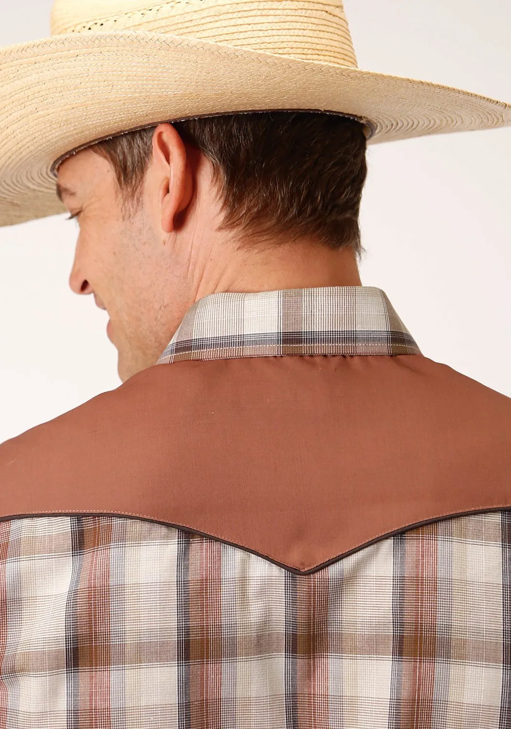Roper Mens Tan/Brown Cotton Blend Wine Plaid L/S Retro Shirt Stretch Fit Technology Everyday Layer