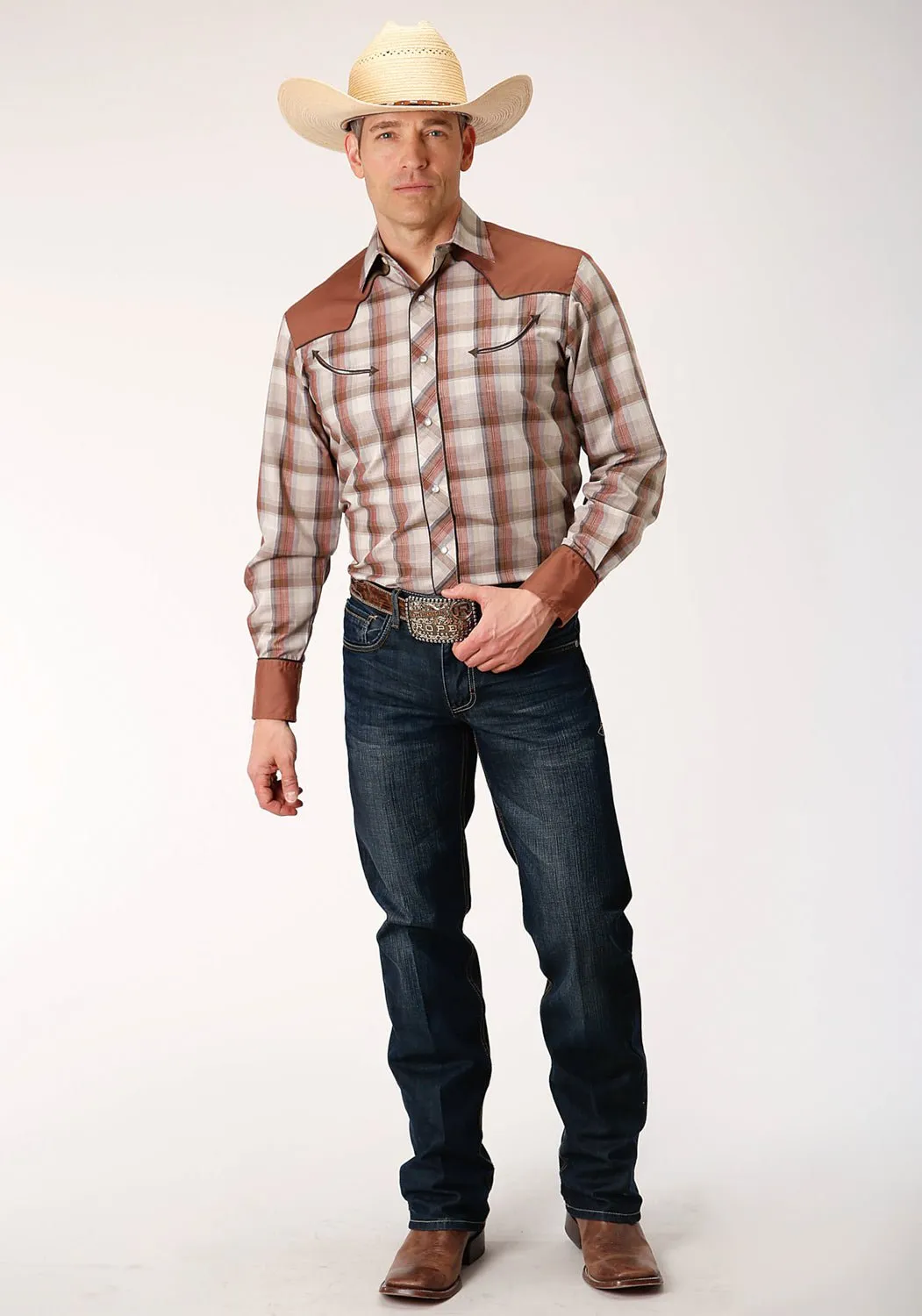 Roper Mens Tan/Brown Cotton Blend Wine Plaid L/S Retro Shirt Boho chic Soft Touch