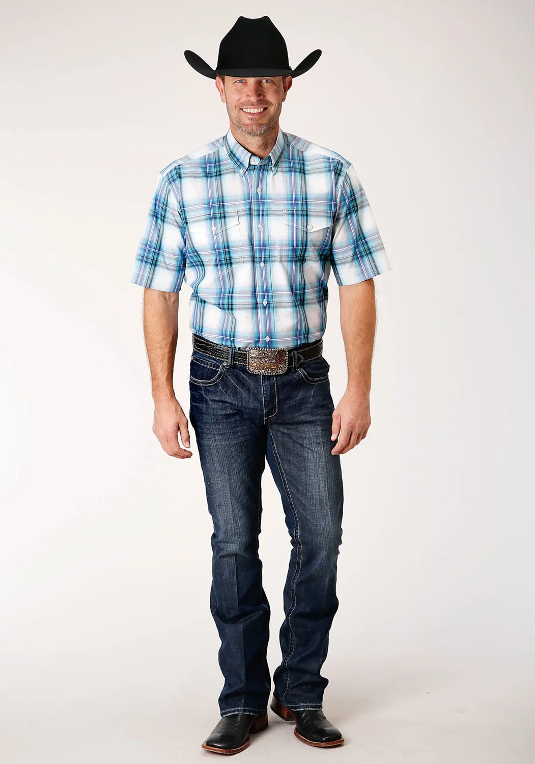 Roper Mens Teal 100% Cotton Clear Sky BD S/S Button Shirt Brushed Inner Lining Seamless construction