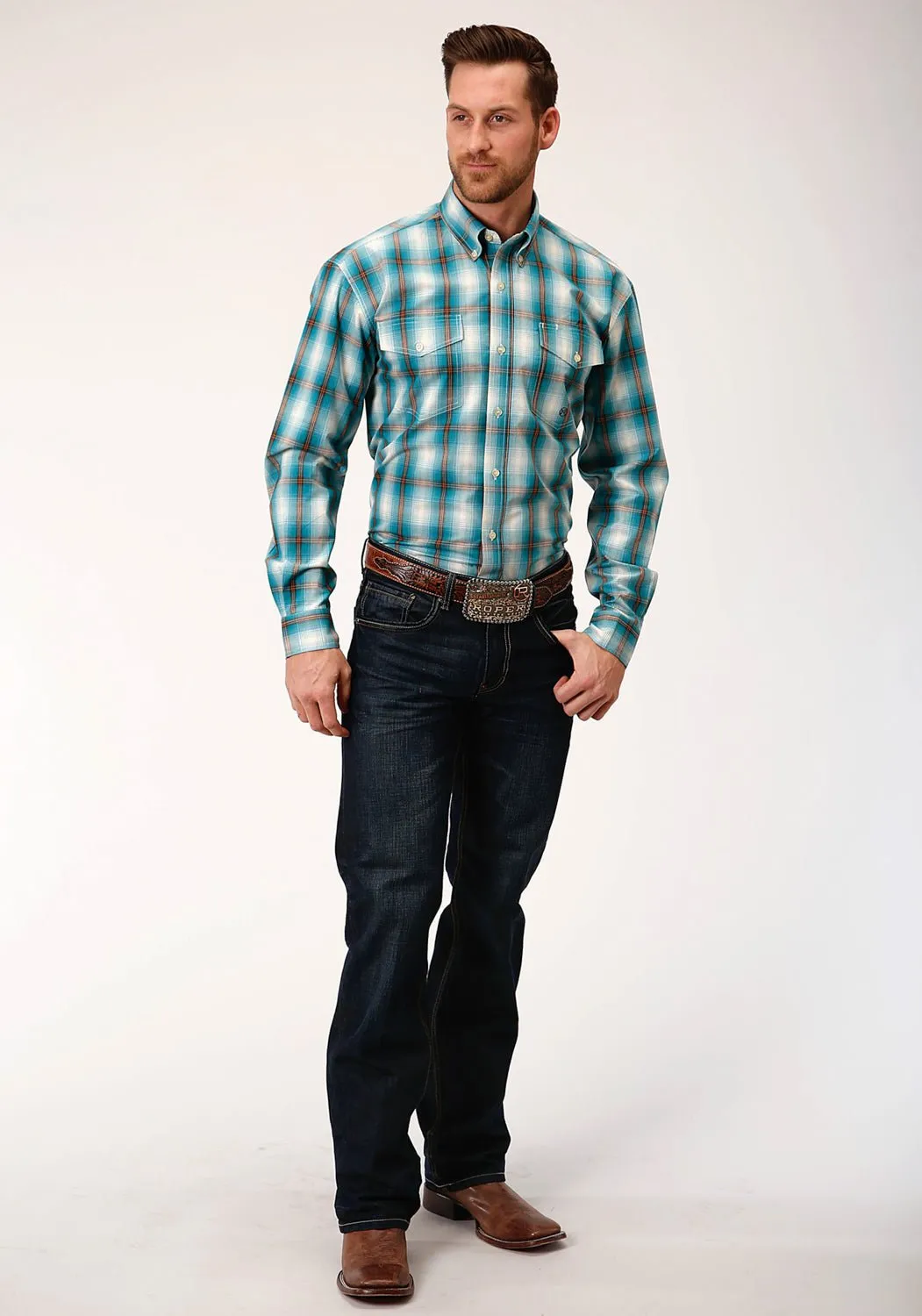 Casual Style Roper Mens Teal 100% Cotton Ombre BD L/S Tall Shirt