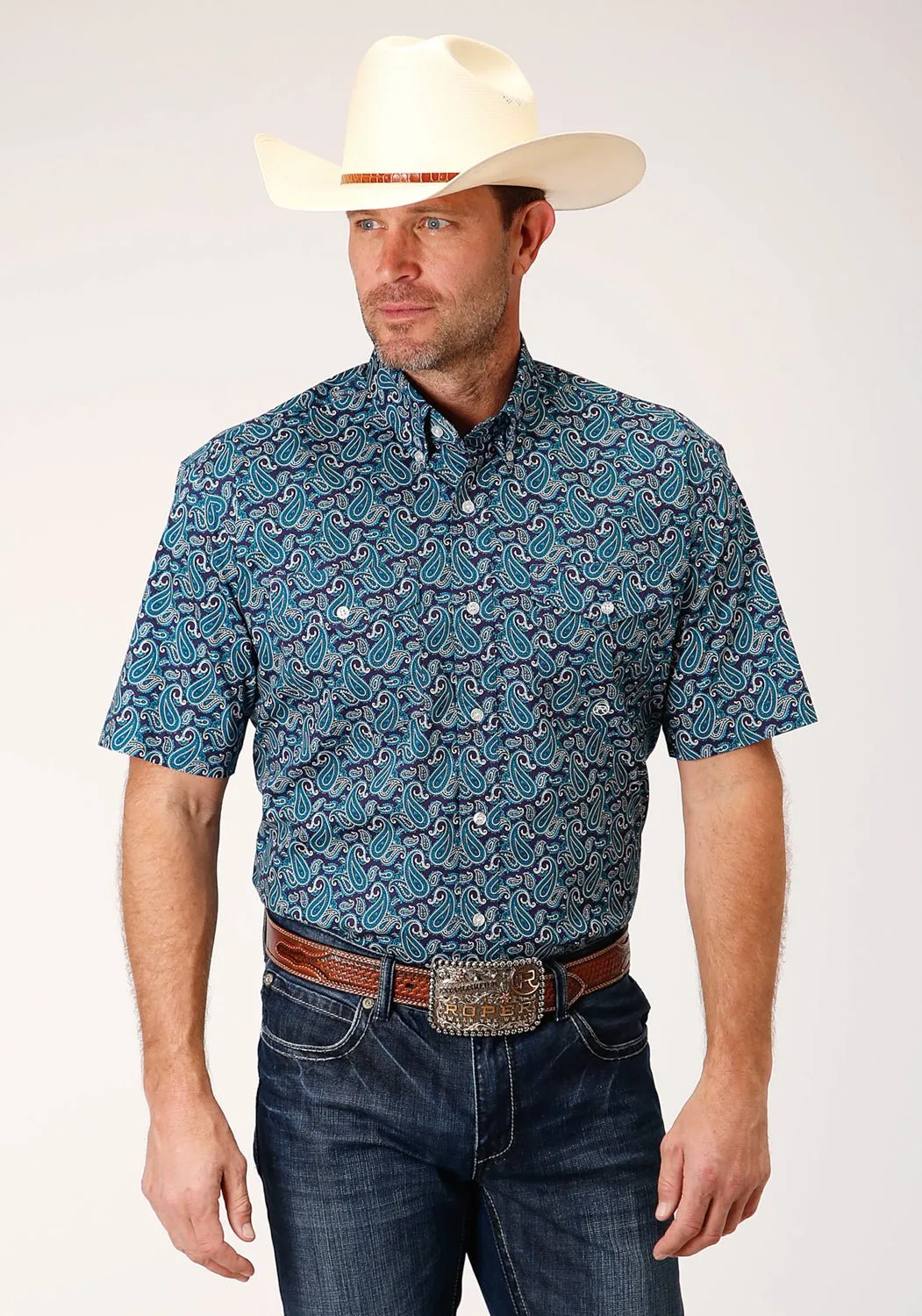 Roper Mens Teal 100% Cotton Purple Sage Paisley S/S Shirt Athletic Cut Relaxed Design