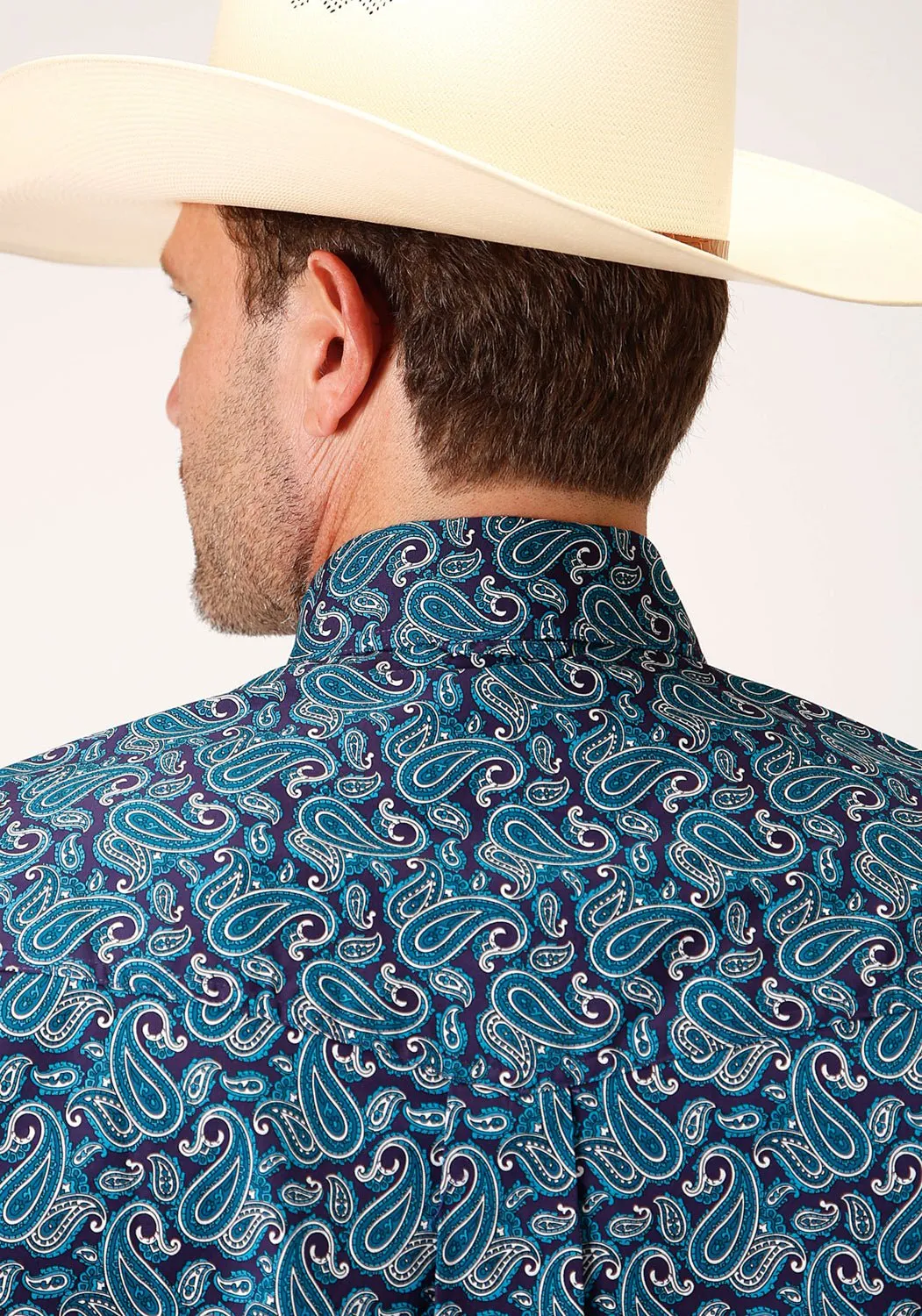 Roper Mens Teal 100% Cotton Purple Sage Paisley S/S Shirt Boho chic Active Layering