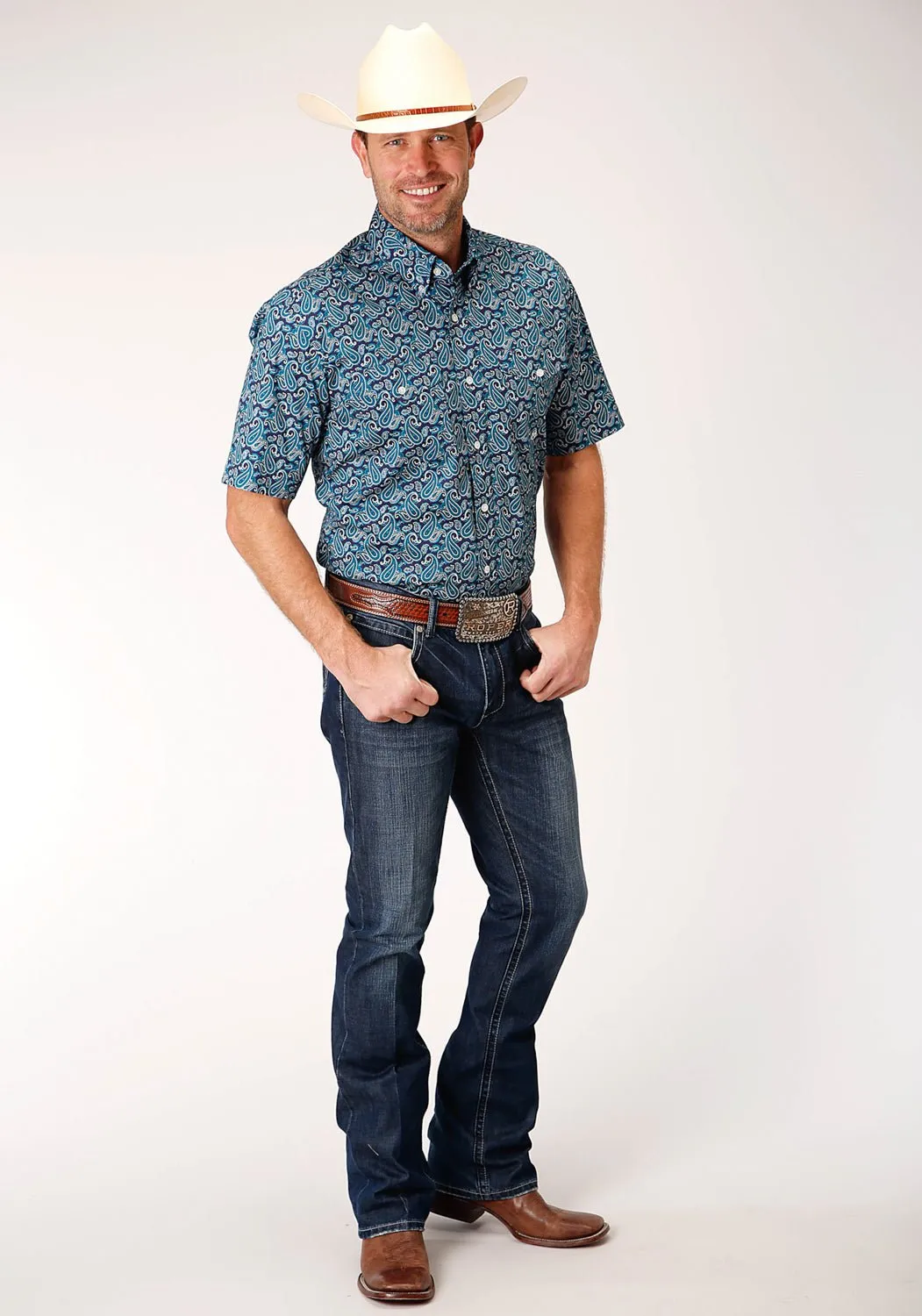 Flex Fit Collar Roper Mens Teal 100% Cotton Purple Sage Paisley S/S Shirt