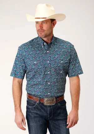 Roper Mens Teal 100% Cotton Purple Sage Paisley S/S Shirt Reinforced Hems Roper Mens Teal 100% Cotton Purple Sage Paisley S/S Shirt Coffee Run