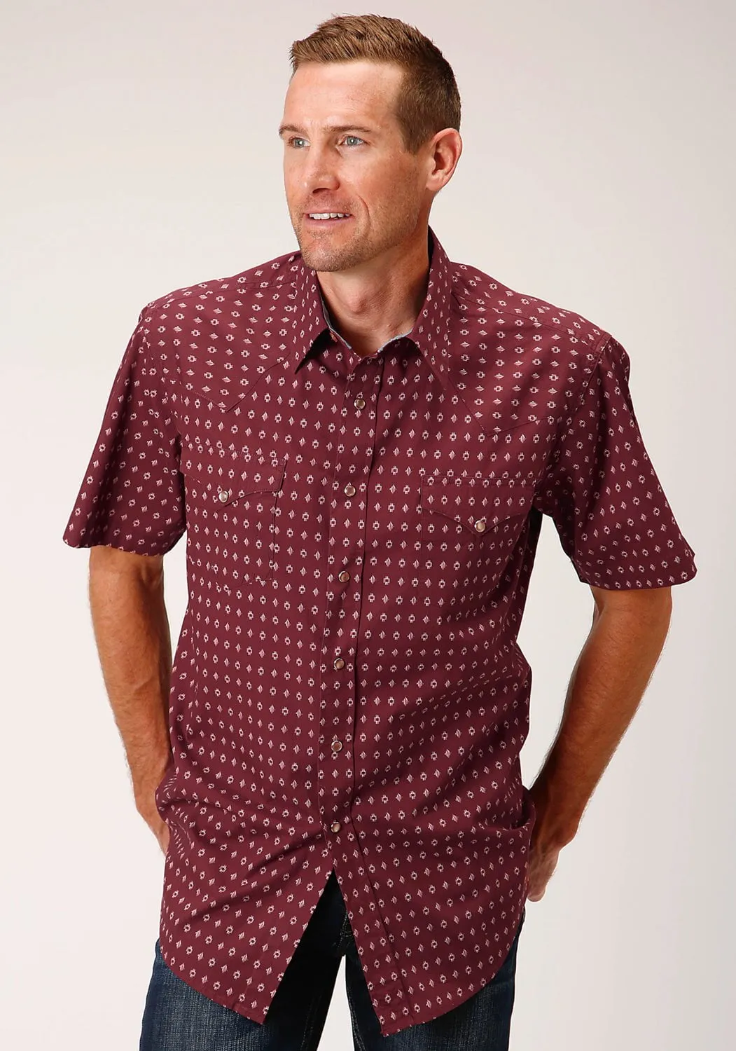 Roper Mens Texture Diamond Red 100% Cotton S/S Shirt Everyday Fashion