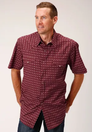 Roper Mens Texture Diamond Red 100% Cotton S/S Shirt Multi Pocket Design Breathable Layer Standalone Option Roper Mens Texture Diamond Red 100% Cotton S/S Shirt