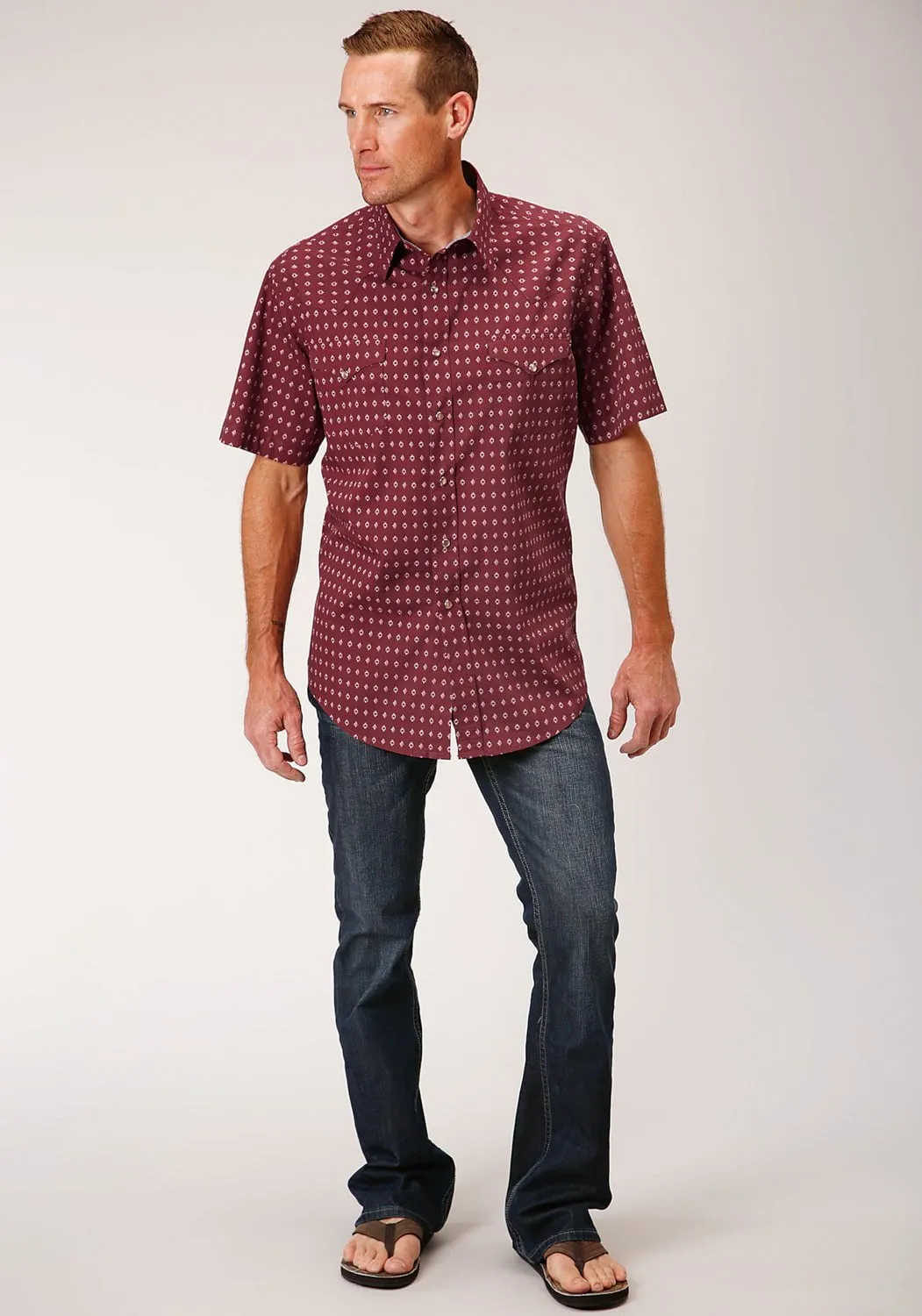 Roper Mens Texture Diamond Red 100% Cotton S/S Shirt Tropical theme