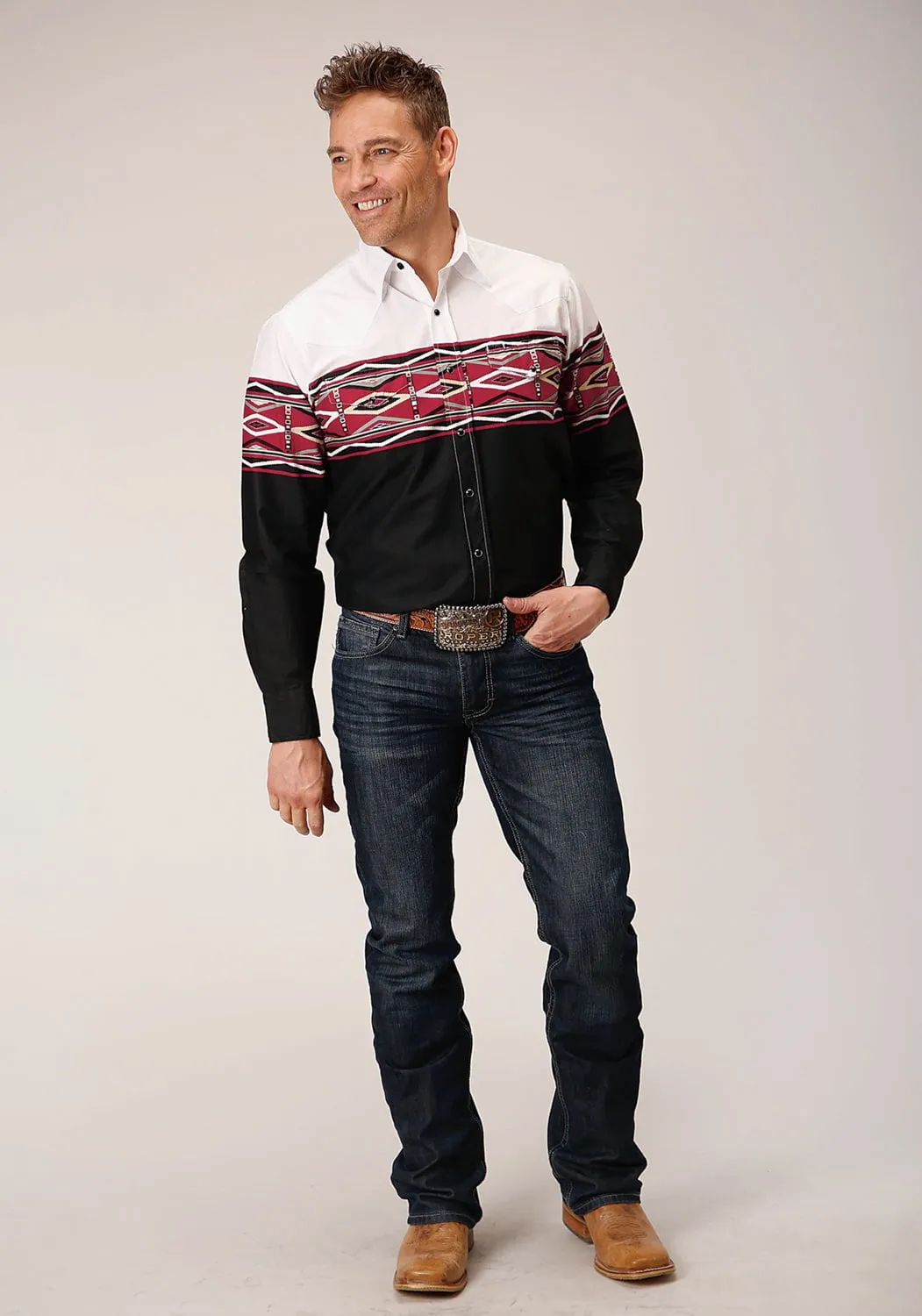 Roper Mens Tribal Border Vintage Black 100% Cotton L/S Shirt Compact Packing Sleek Silhouette