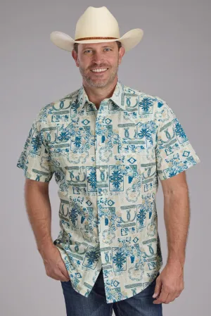 Roper Mens Tropical Resort Print Brown/Blue 100% Cotton S/S Shirt Modern Essentials Versatile Look Layered Look Roper Mens Tropical Resort Print Brown/Blue 100% Cotton S/S Shirt