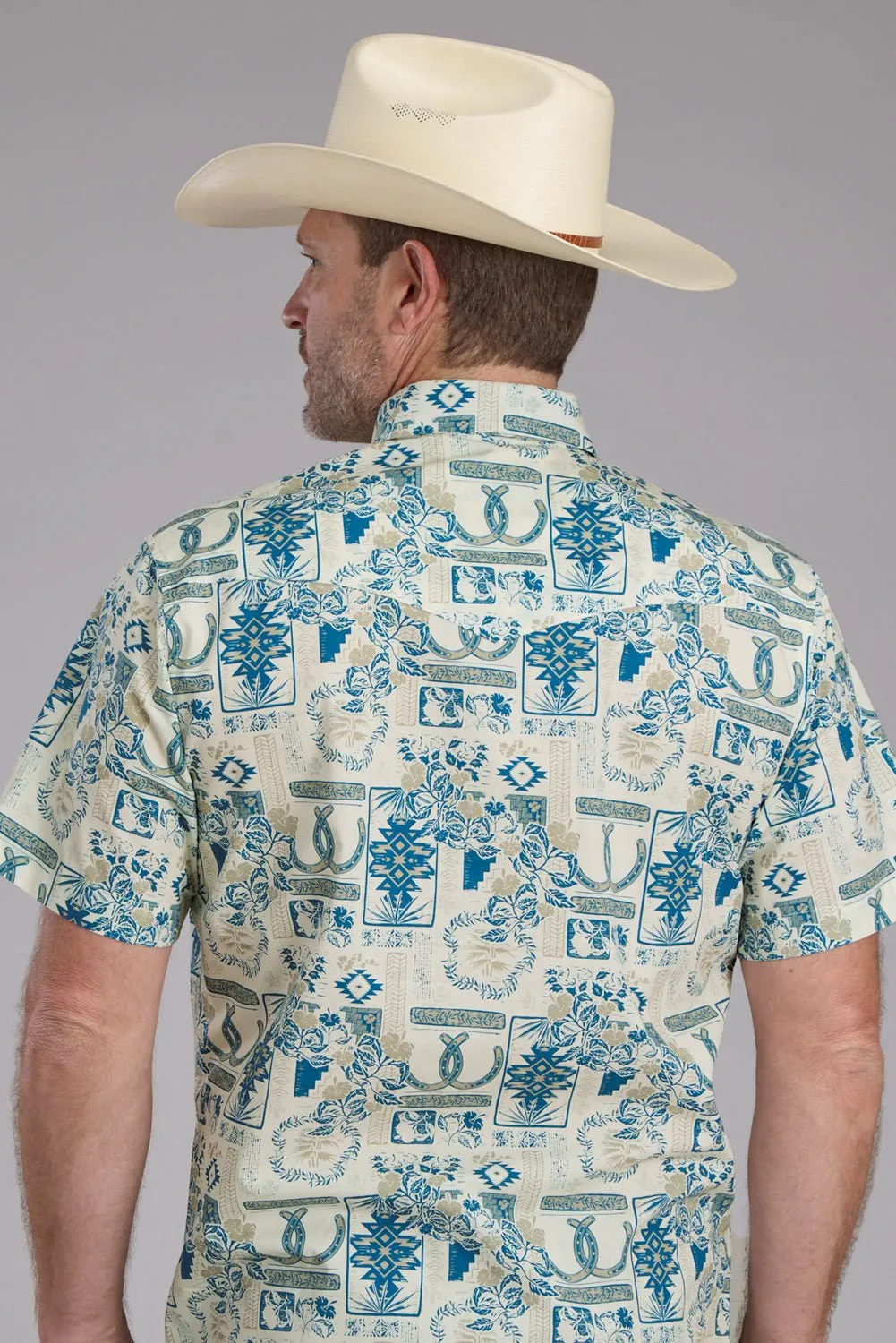 Perfect Layering Roper Mens Tropical Resort Print Brown/Blue 100% Cotton S/S Shirt