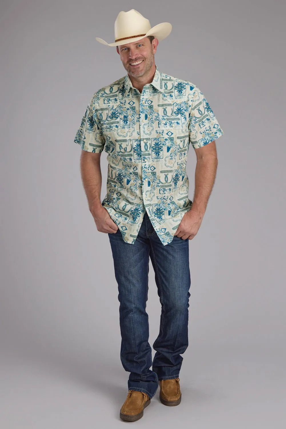 Classic Fit Versatile Wear Roper Mens Tropical Resort Print Brown/Blue 100% Cotton S/S Shirt