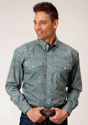 Roper Mens Turquoise 100% Cotton Saddle Paisley BD L/S Button Shirt Layering Staple Sporty Comfort Trendy Pattern Roper Mens Turquoise 100% Cotton Saddle Paisley BD L/S Button Shirt