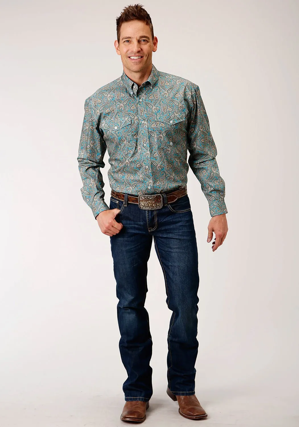 Roper Mens Turquoise 100% Cotton Saddle Paisley BD L/S Button Shirt Mountain Retreat mix and match